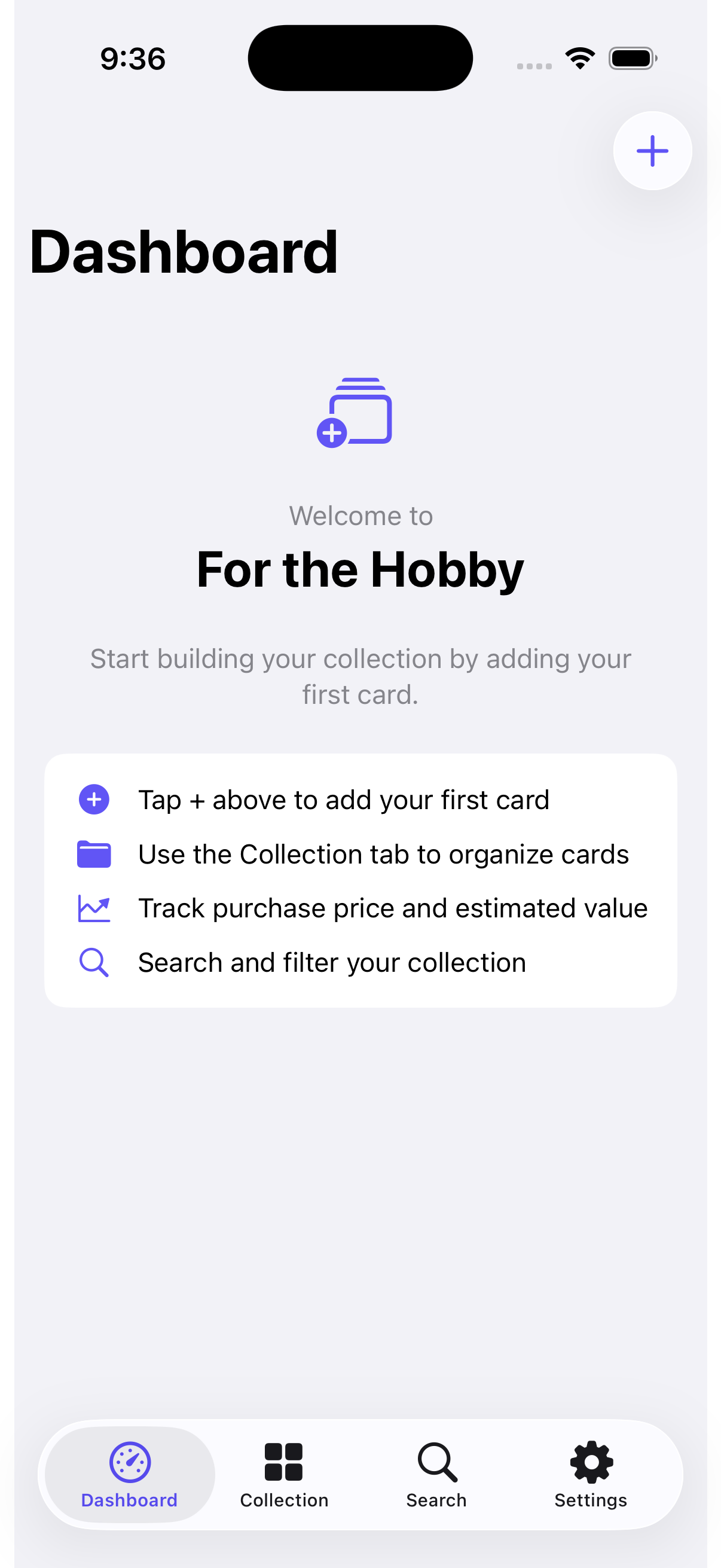 Dashboard showing portfolio overview with total cards, value, and sport distribution