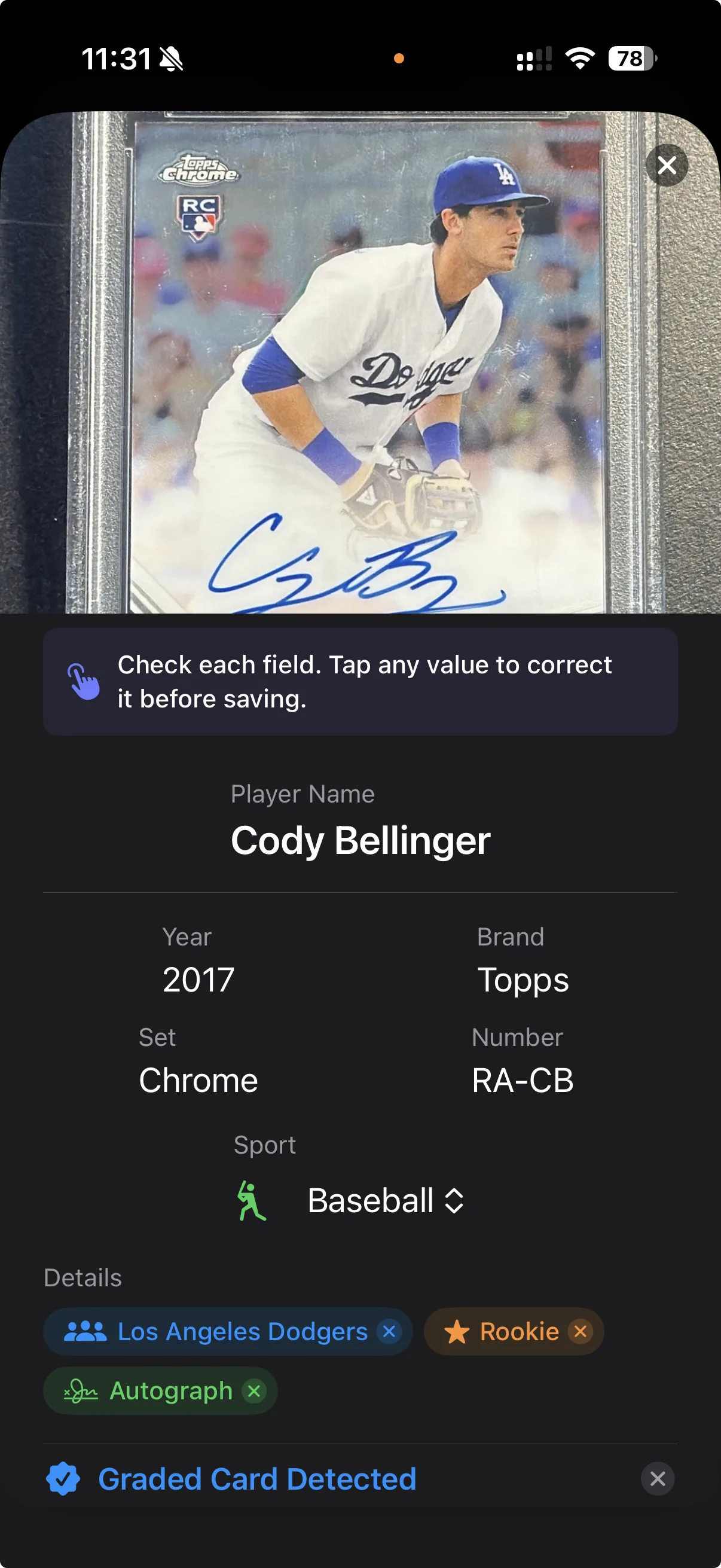 Magic Scan results with auto-filled fields: player name, year, brand, set, card number, and type