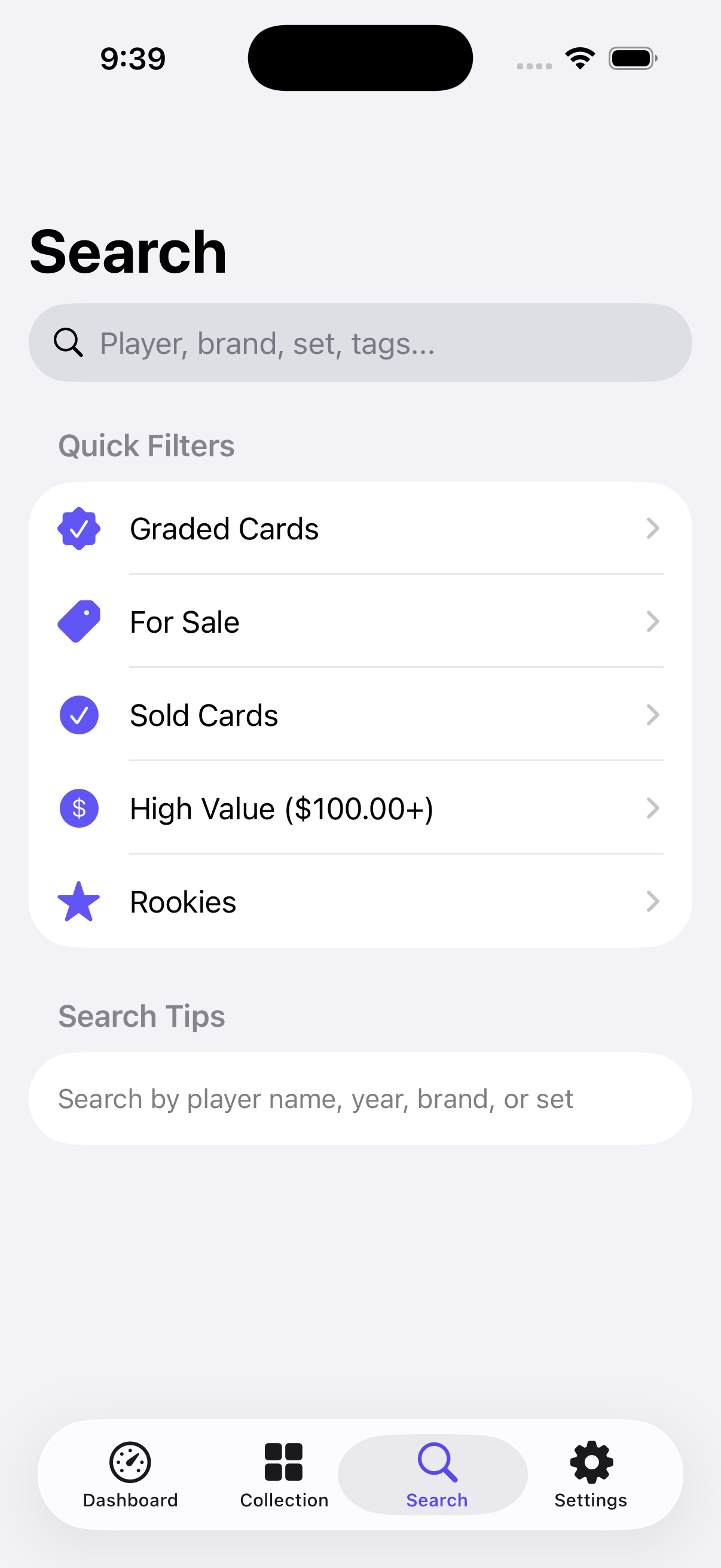 Search interface with quick filters for graded, for sale, and high value cards