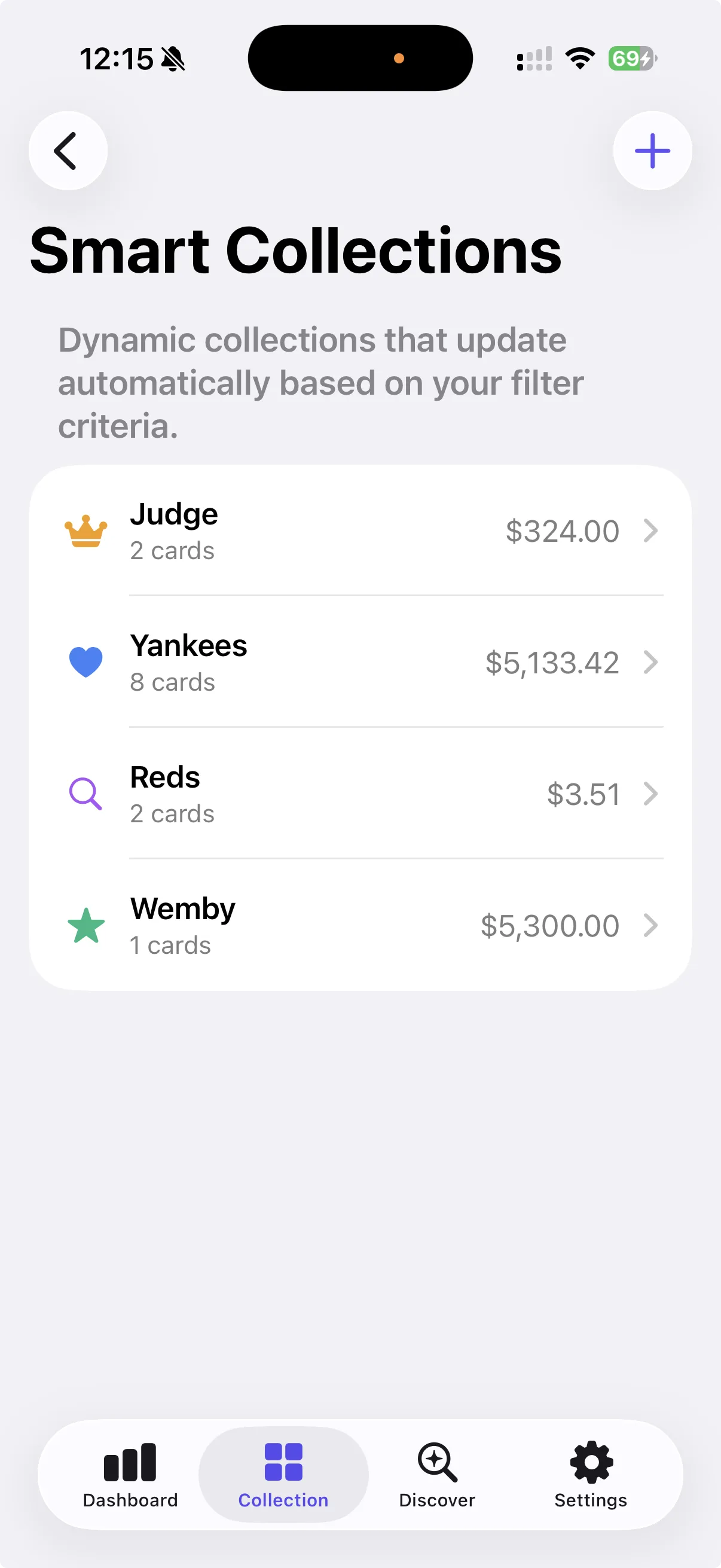 Collection list with colored custom collections, card counts, and smart collections with filter icons